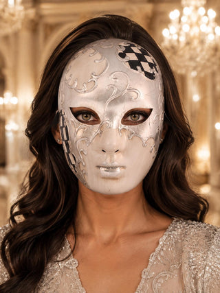 Black Checkered Full-Face Masquerade Mask - Silver and White - view 2