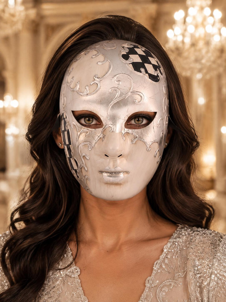 Black Checkered Full-Face Masquerade Mask - Silver and White - view 2
