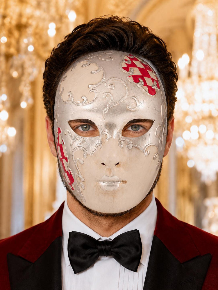 Red Checkered Full-Face Masquerade Mask - Silver and White - view 3