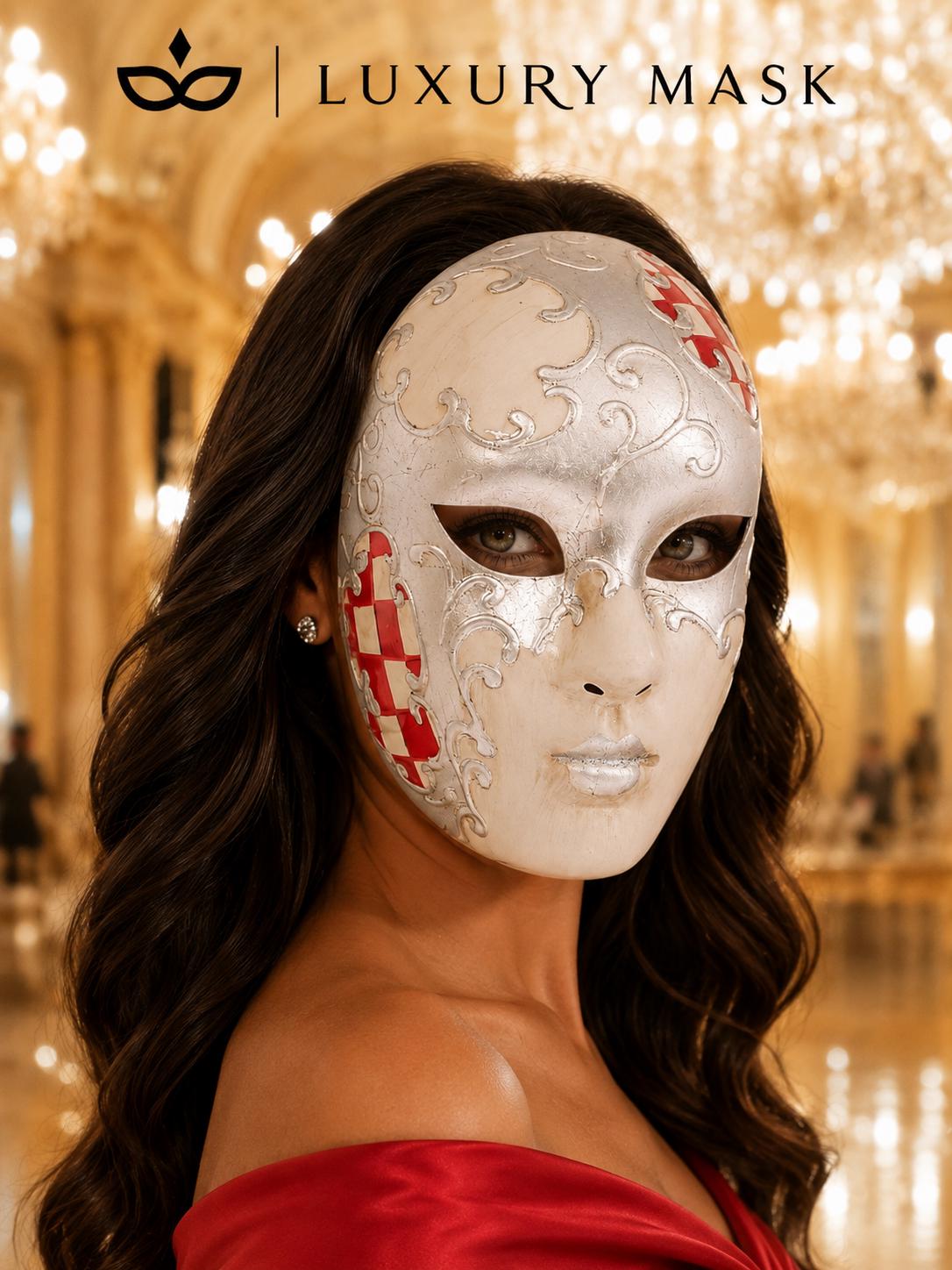 Red Checkered Full-Face Masquerade Mask - Silver and White - view 4