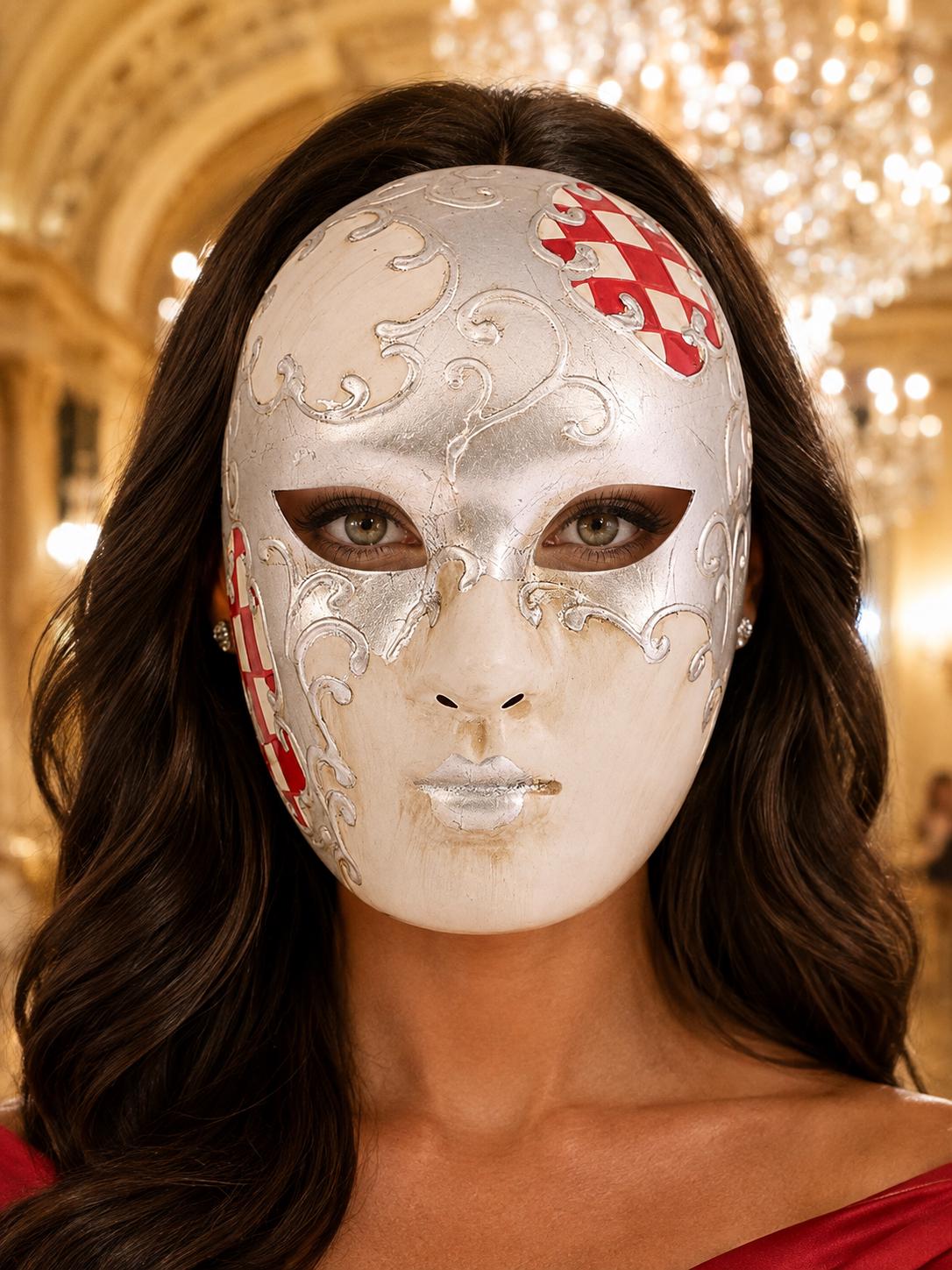 Red Checkered Full-Face Masquerade Mask - Silver and White - view 2