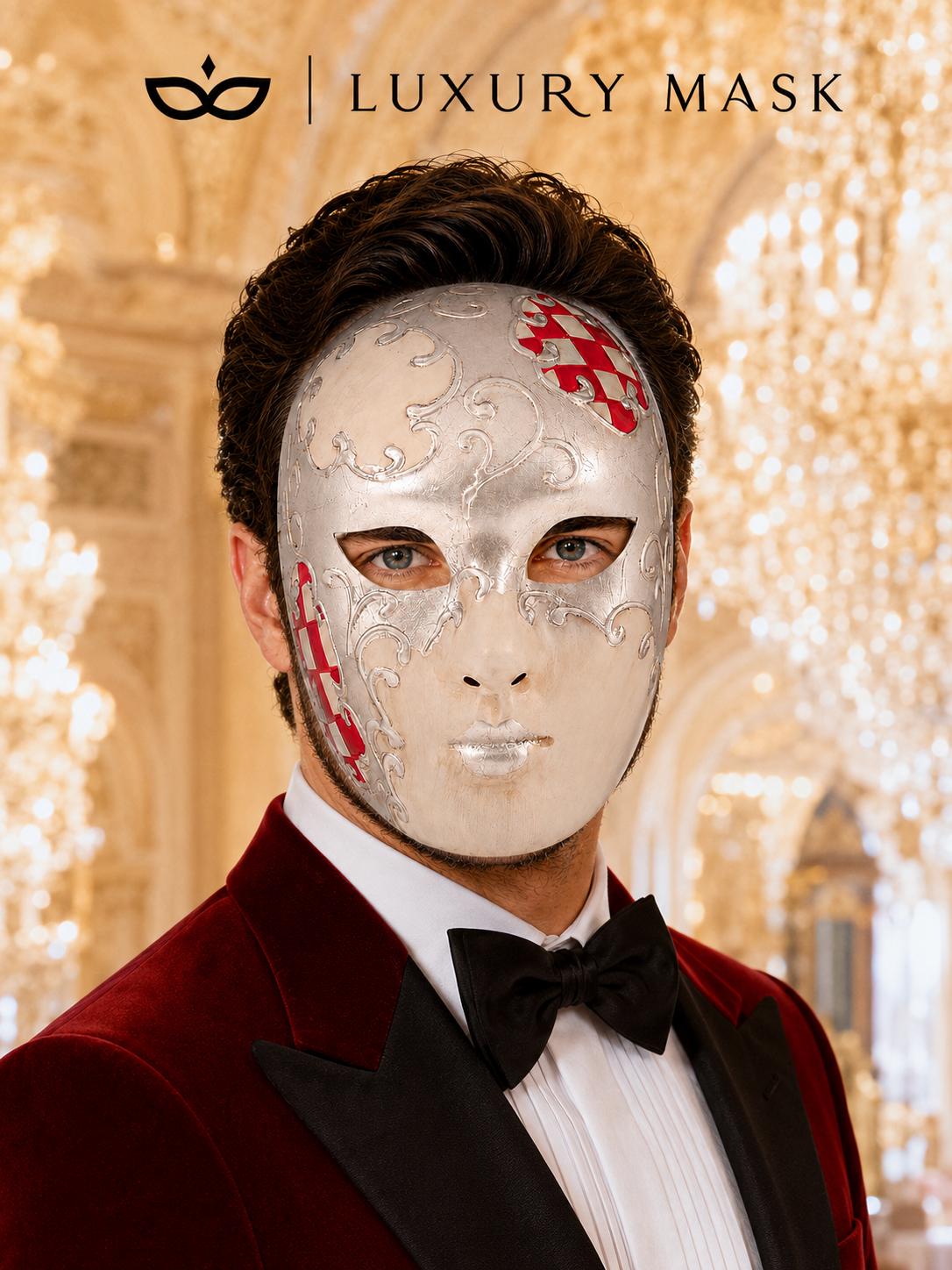 Red Checkered Full-Face Masquerade Mask - Silver and White - view 5