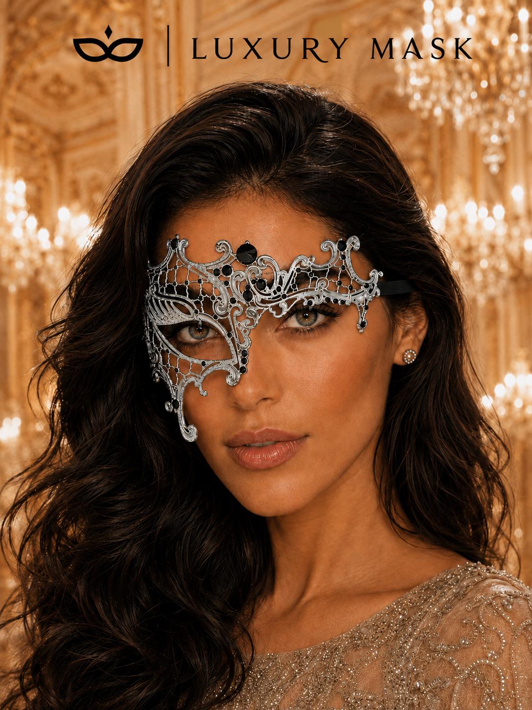 Antique Silver Phantom Masquerade Mask for Women with Black Stones - view 2