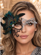 Silver and Black Phantom Feather Masquerade Mask for Women - front view