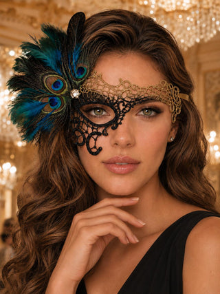 Gold and Black Phantom Masquerade Mask for Women with Feathers - view 2