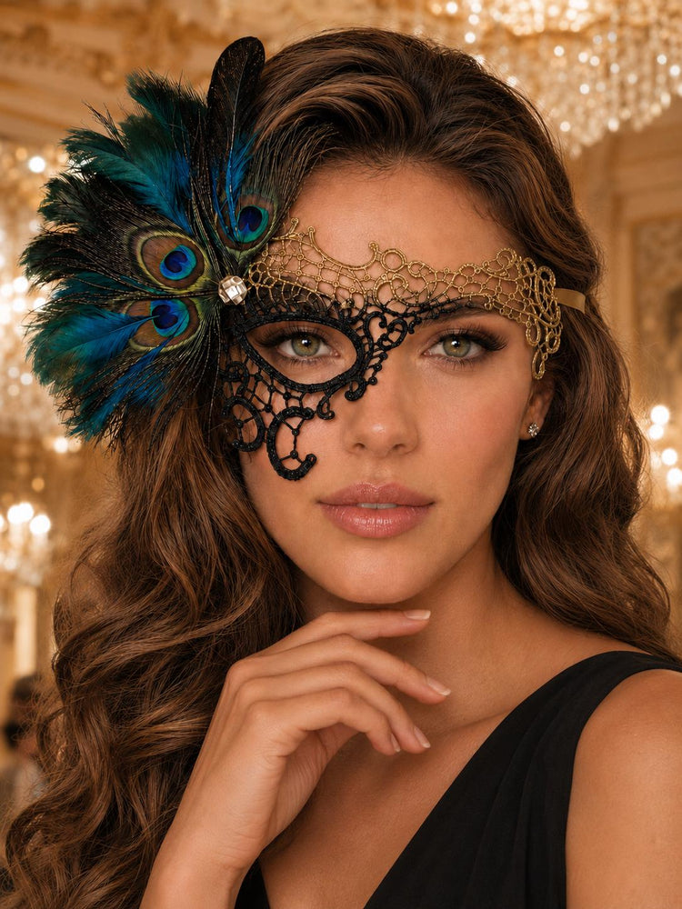 Gold and Black Phantom Masquerade Mask for Women with Feathers - view 2