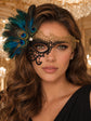 Gold and Black Phantom Masquerade Mask for Women with Feathers - front view
