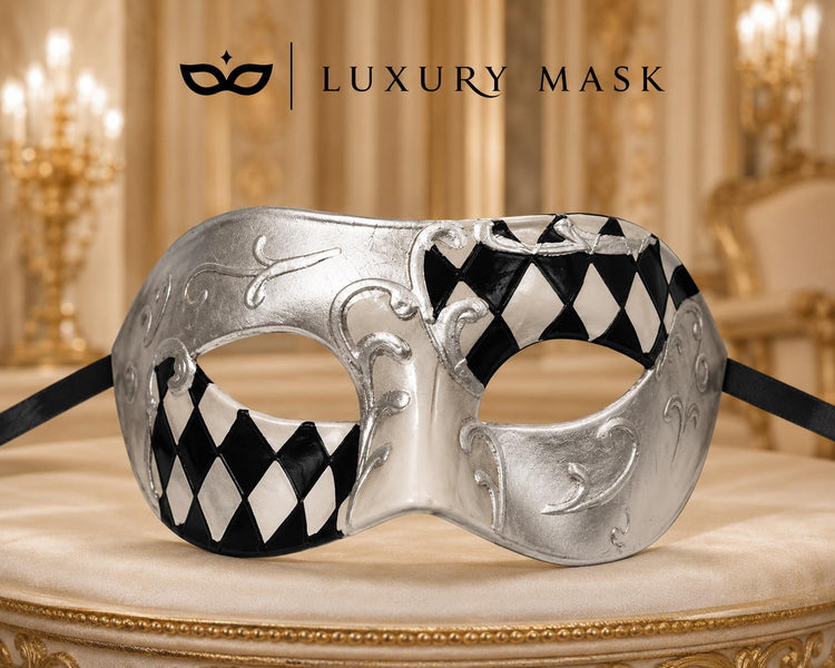 Black Masquerade Mask for Men - Silver Half-Checkered Noir Venetian Design - Image 5