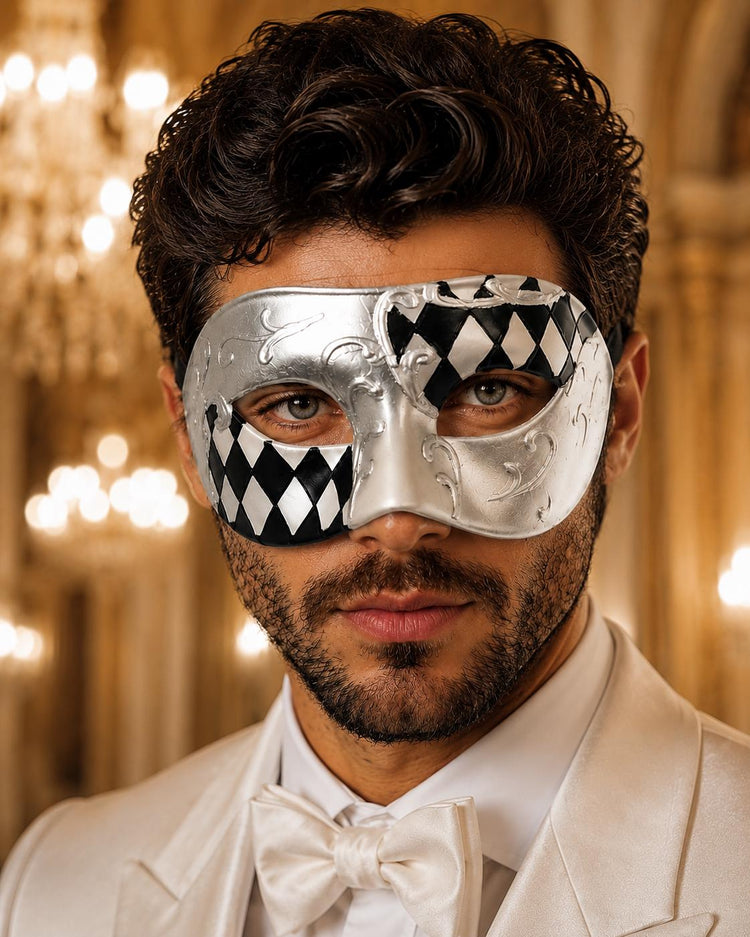 Black Masquerade Mask for Men - Silver Half-Checkered Noir Venetian Design