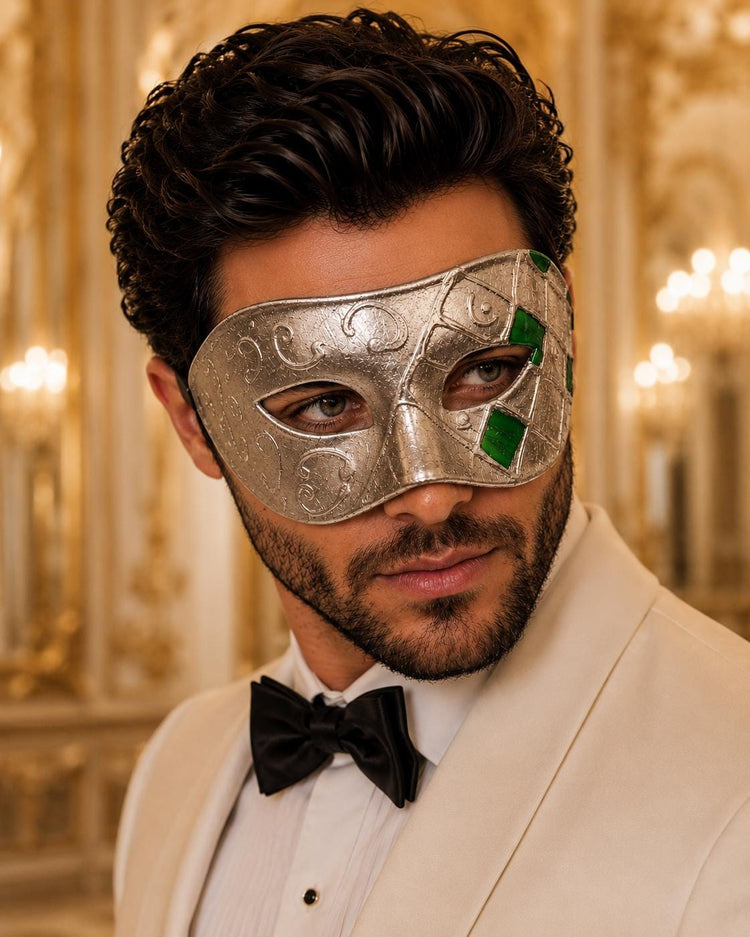 Green Masquerade Mask for Men - Antique Silver Venetian Eye Mask - Image 2