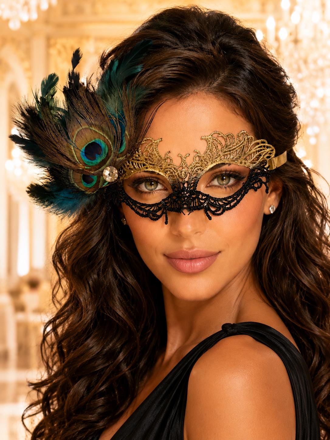 Gold and Black Peacock Feather Masquerade Mask for Women - view 2