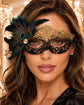 Gold and Black Feather Masquerade Mask for Women - Floral Lace - front view