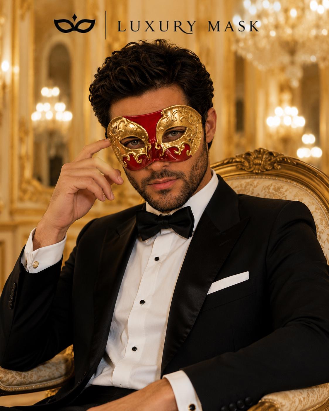 Red Masquerade Mask for Men - Gold Musical Venetian Sheet Music Design - Image 3