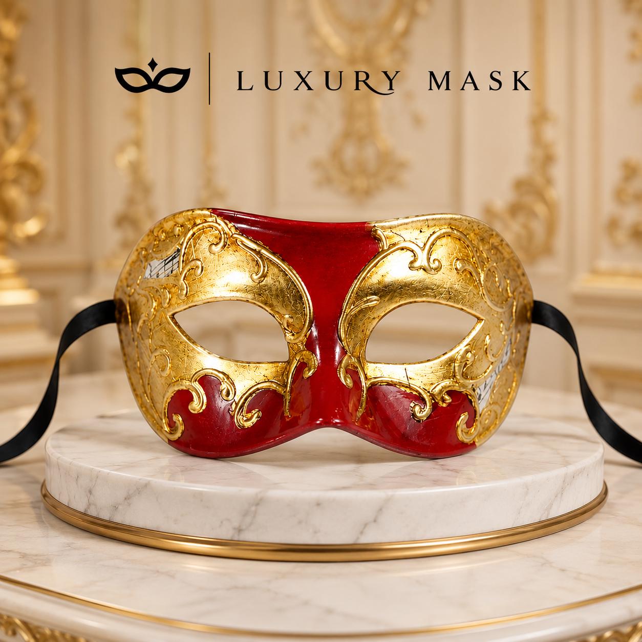Red Masquerade Mask for Men - Gold Musical Venetian Sheet Music Design - Image 5