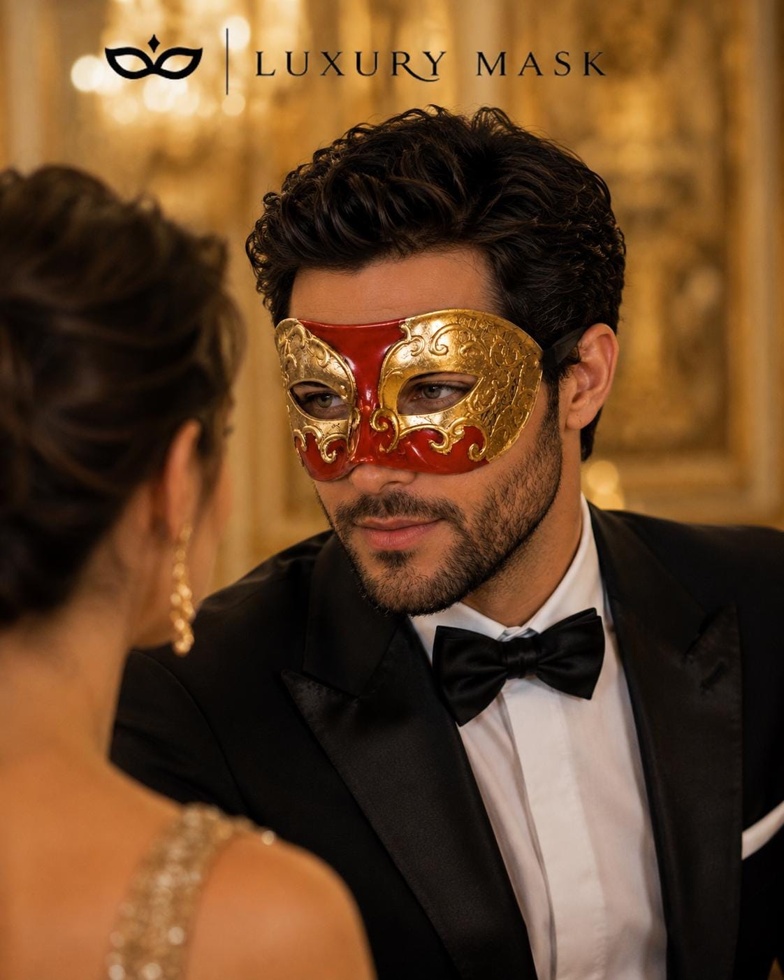 Red Masquerade Mask for Men - Gold Musical Venetian Sheet Music Design - Image 4