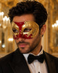 Red Masquerade Mask for Men - Gold Musical Venetian Sheet Music Design - Image 2
