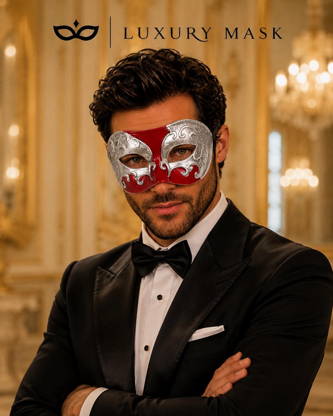 Red Masquerade Mask for Men - Silver Musical Venetian Sheet Music Design - Image 3