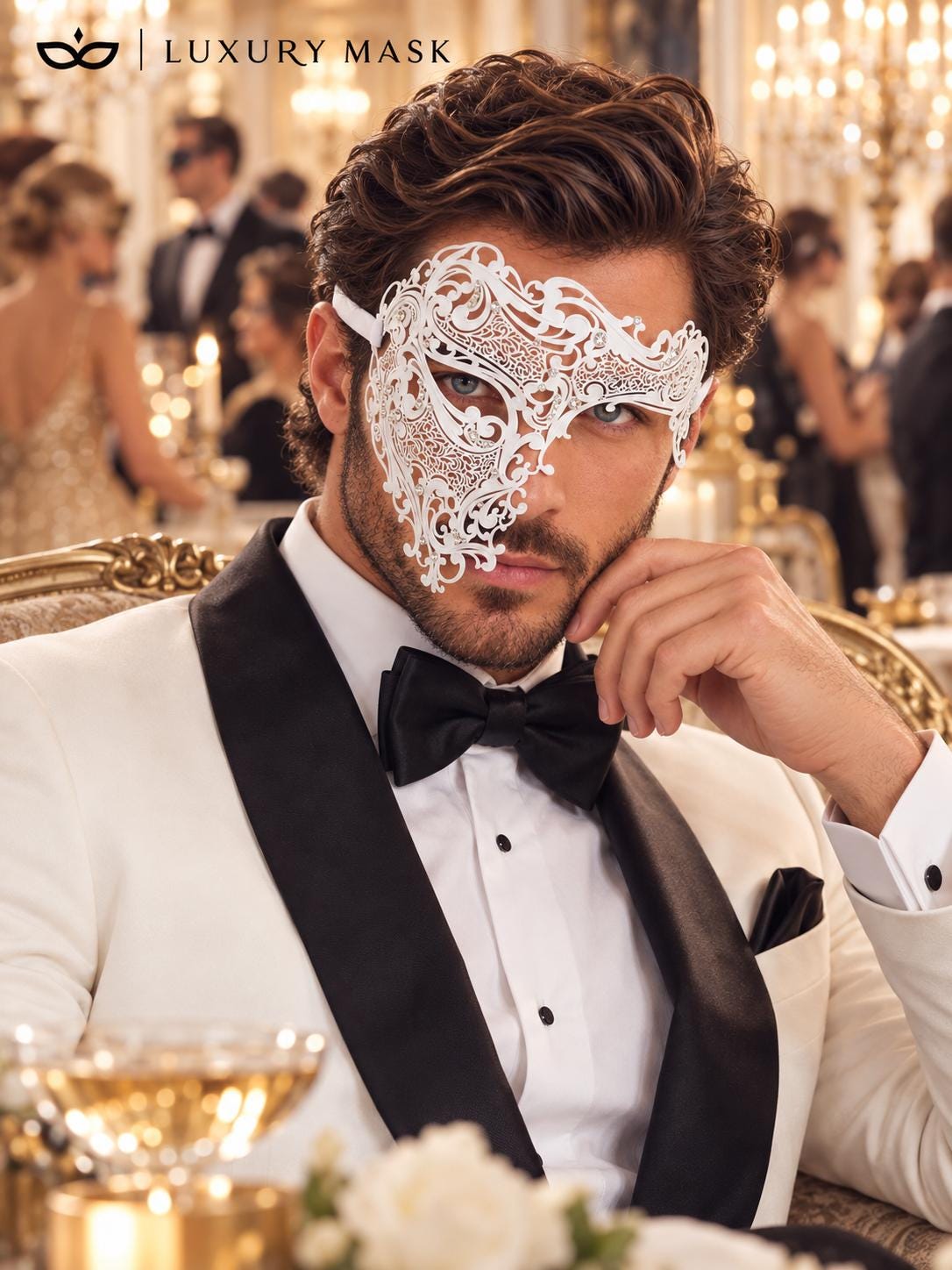 White Phantom Masquerade Mask for Men with Rhinestones - view 5