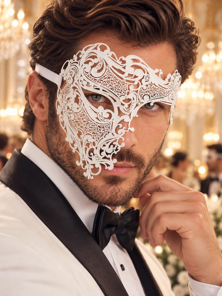 White Phantom Masquerade Mask for Men with Rhinestones - view 2