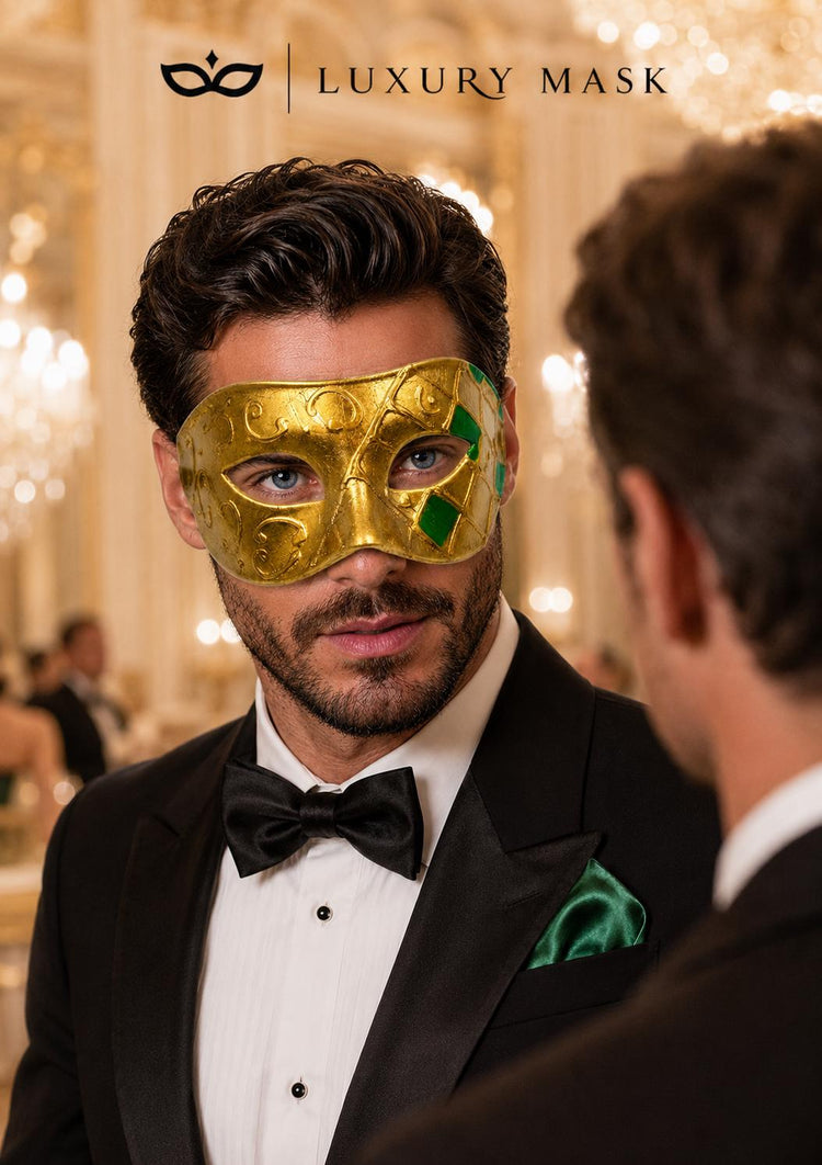 Green Masquerade Mask for Men - Antique Gold Venetian Eye Mask - Image 3