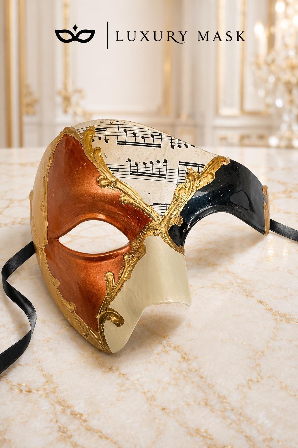 Gold Masquerade Mask for Men - Copper Antique Phantom of the Opera Design - Image 6