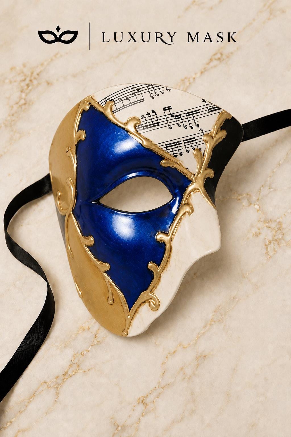 Blue Masquerade Mask for Men - Gold Musical Phantom One-Eye Venetian Design - Image 4