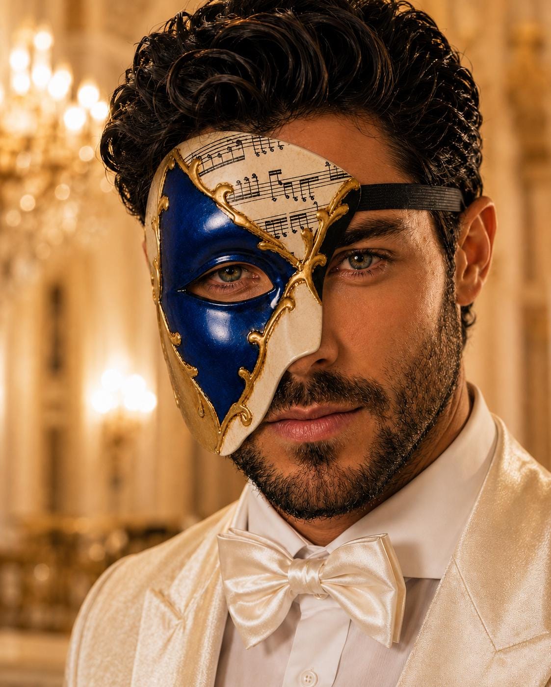 Blue Masquerade Mask for Men - Gold Musical Phantom One-Eye Venetian Design