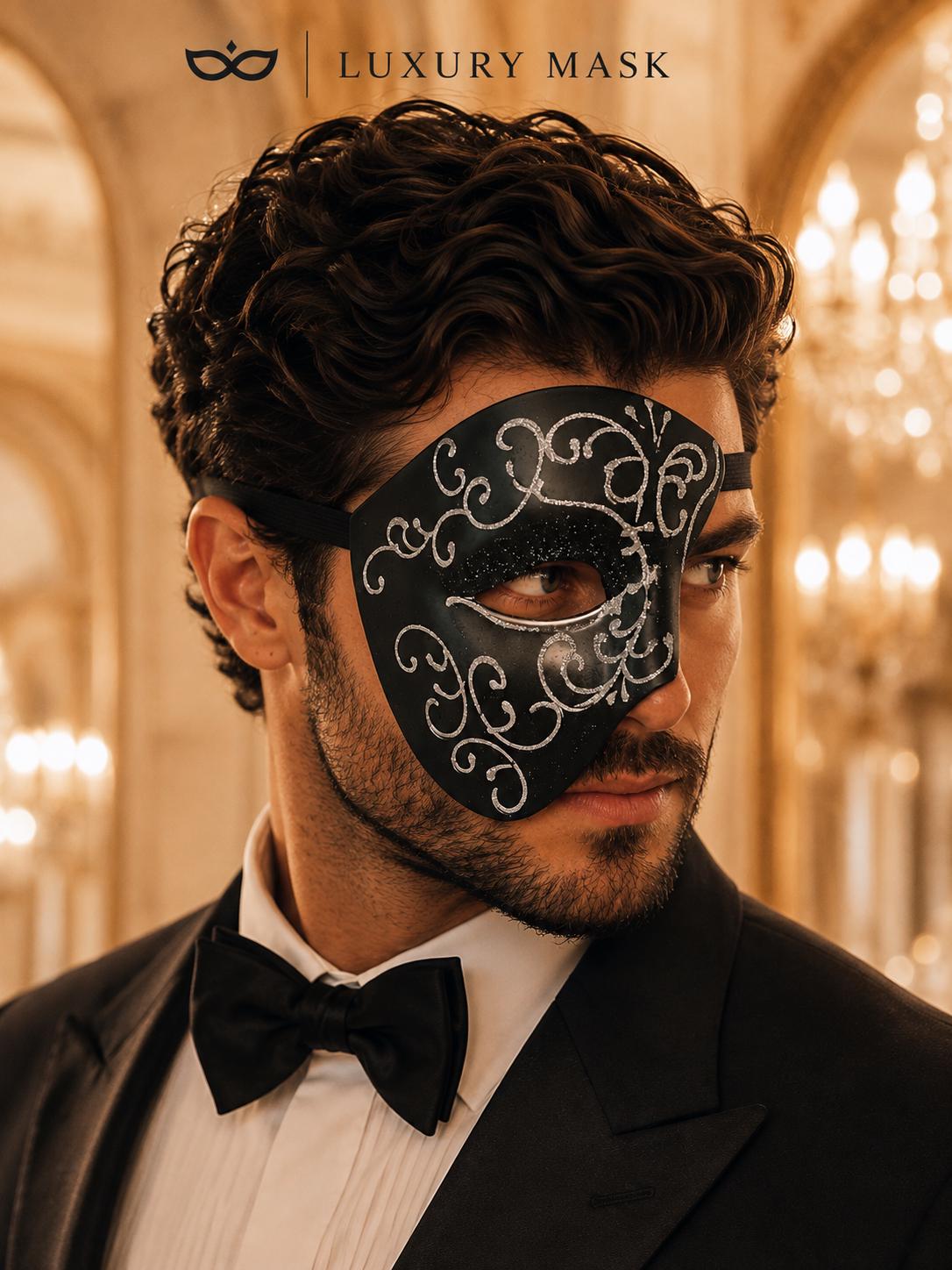 Black Masquerade Mask for Men - Silver Glitter Phantom One-Eye Venetian Design - Image 2