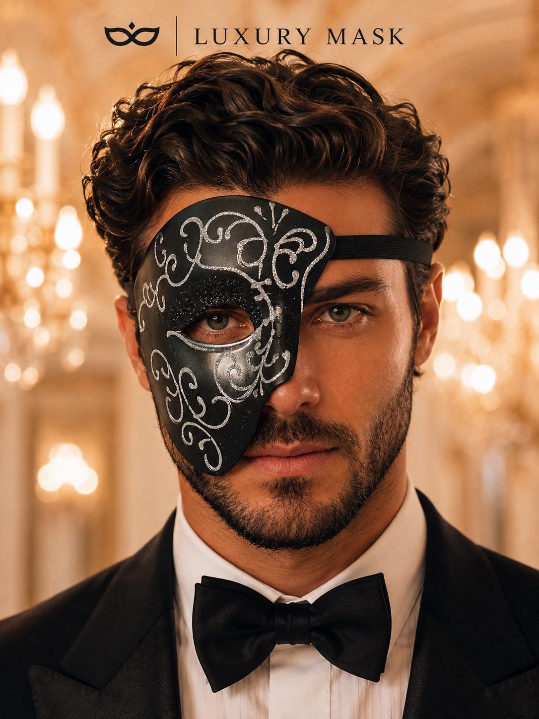 Black Masquerade Mask for Men - Silver Glitter Phantom One-Eye Venetian Design