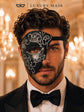 Black Masquerade Mask for Men - Silver Glitter Phantom One-Eye Venetian Design