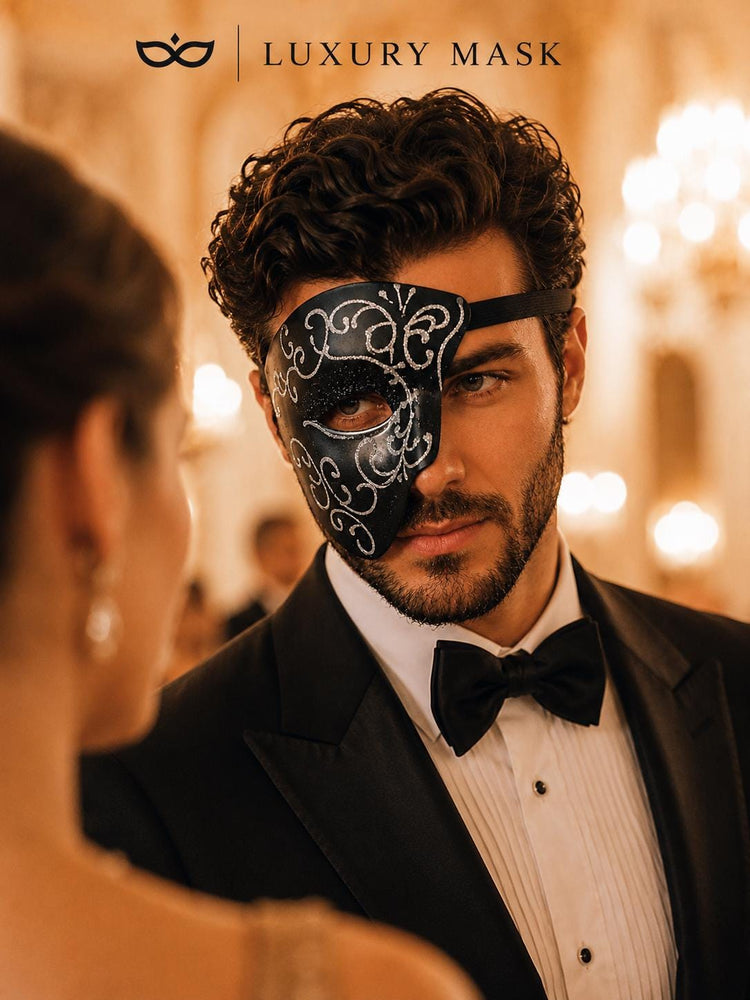 Black Masquerade Mask for Men - Silver Glitter Phantom One-Eye Venetian Design - Image 4