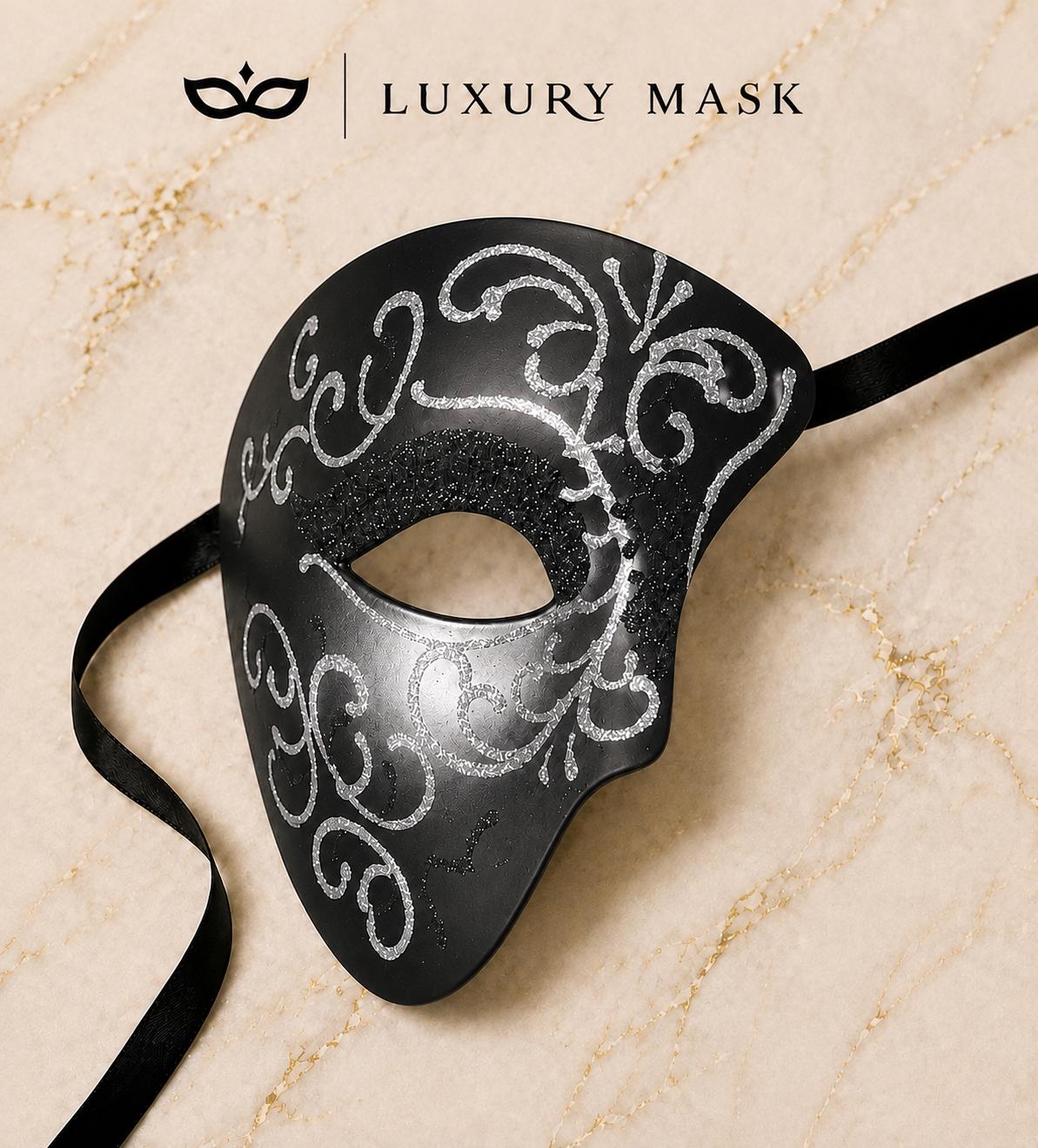Black Masquerade Mask for Men - Silver Glitter Phantom One-Eye Venetian Design - Image 5