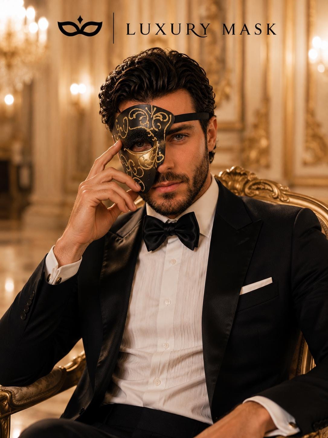 Black Masquerade Mask for Men - Gold Glitter Phantom One-Eye Venetian Design - Image 5