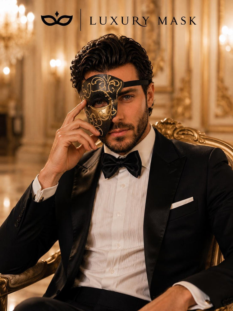 Black Masquerade Mask for Men - Gold Glitter Phantom One-Eye Venetian Design - Image 5