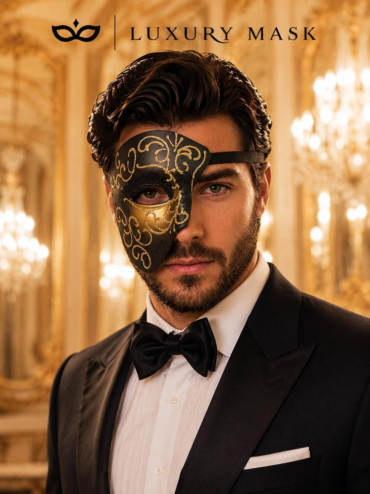 Black Masquerade Mask for Men - Gold Glitter Phantom One-Eye Venetian Design
