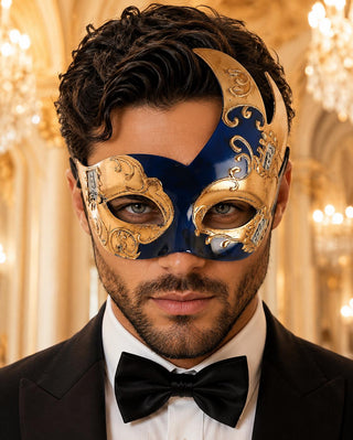 Blue Masquerade Mask for Men - Gold Musical Venetian Artistic Design