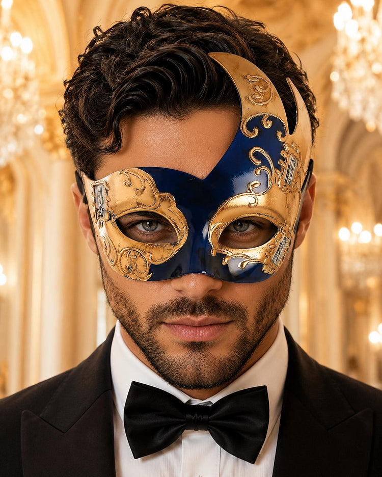 Blue Masquerade Mask for Men - Gold Musical Venetian Artistic Design