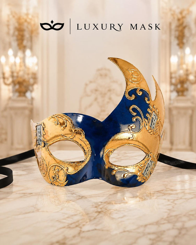 Blue Masquerade Mask for Men - Gold Musical Venetian Artistic Design - Image 5