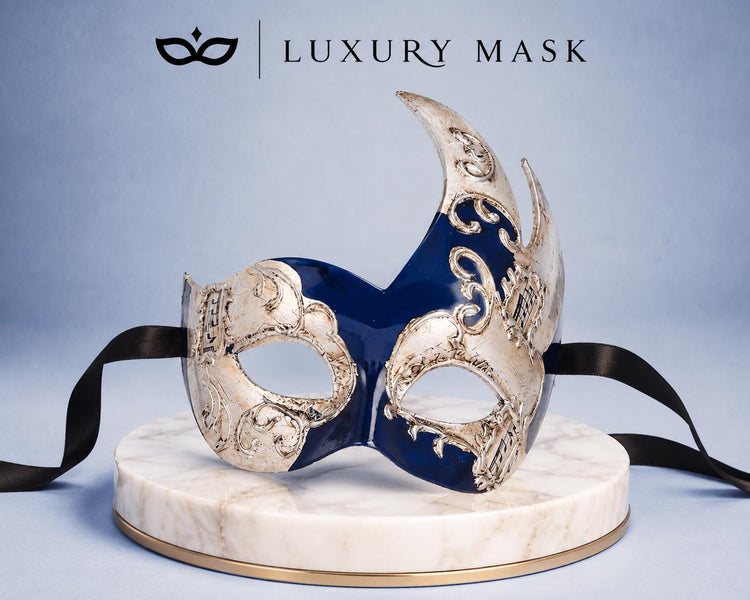 Blue Masquerade Mask for Men - Silver Musical Venetian Two-Tone Design - Image 5