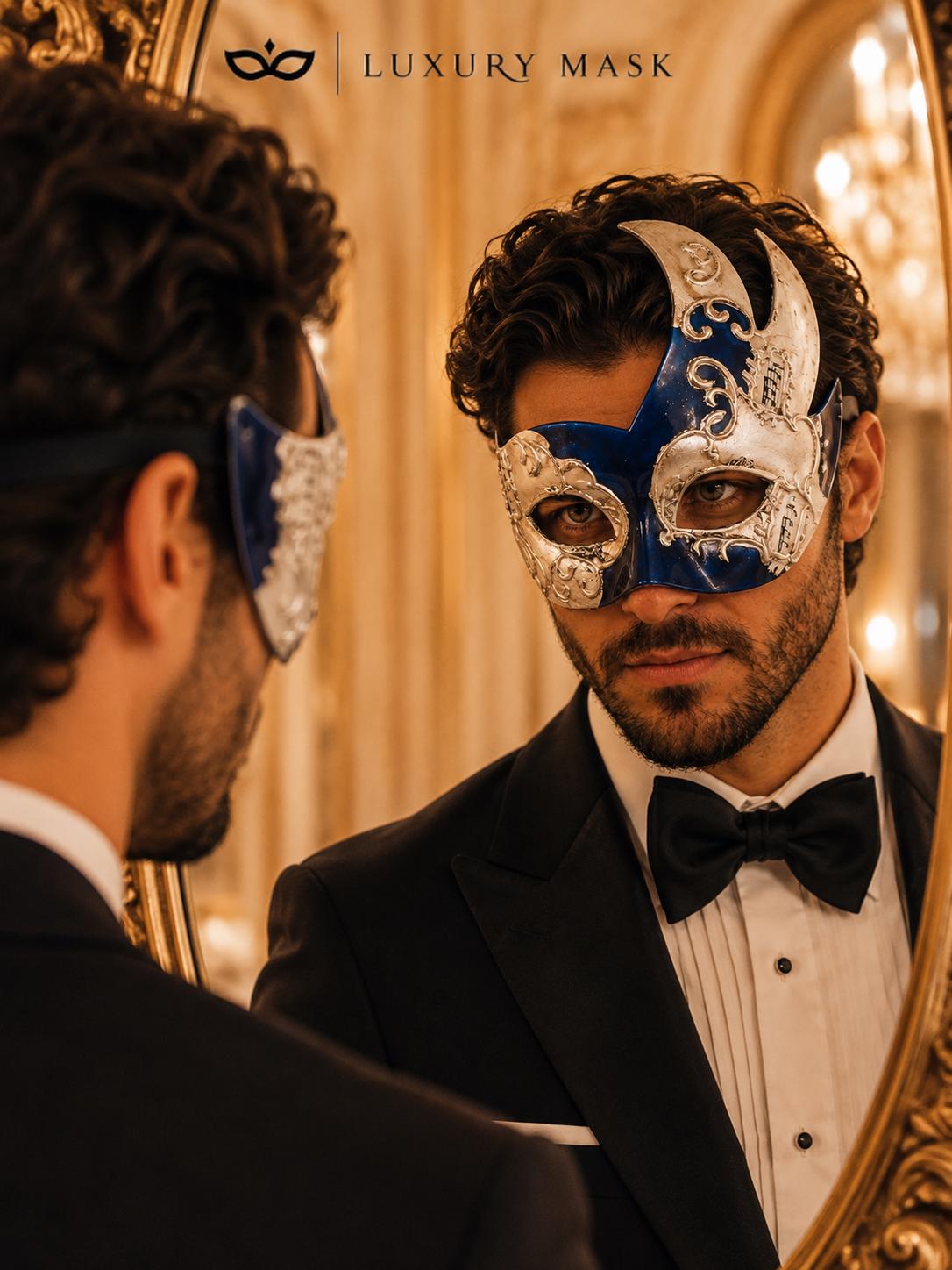 Blue Masquerade Mask for Men - Silver Musical Venetian Two-Tone Design - Image 4