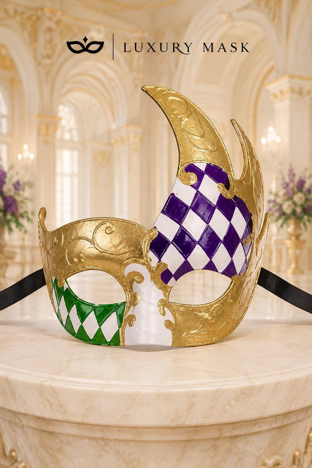 Gold Masquerade Mask for Men - Purple and Green Checkered Tall Venetian Design - Image 5