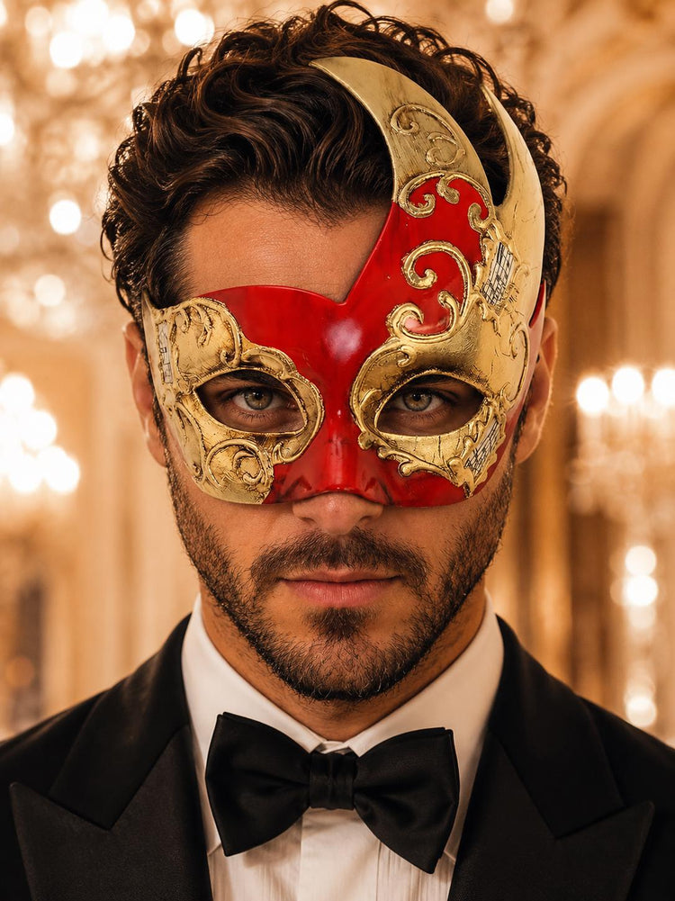 Red Masquerade Mask for Men - Gold Musical Tall Asymmetrical Venetian Design