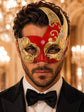 Red Masquerade Mask for Men - Gold Musical Tall Asymmetrical Venetian Design
