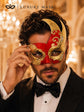 Red Masquerade Mask for Men - Gold Musical Tall Asymmetrical Venetian Design - Image 3
