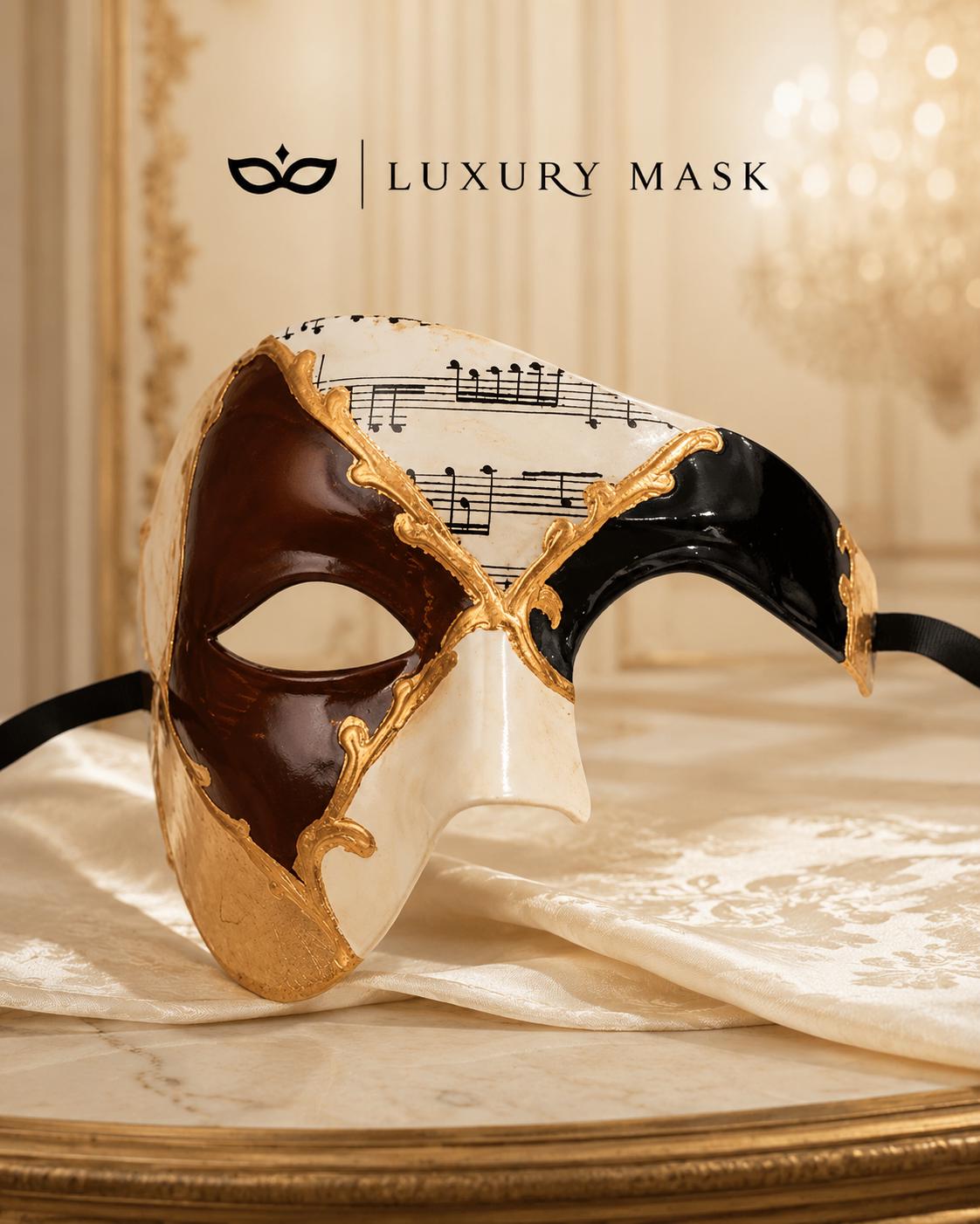 Brown Masquerade Mask for Men - Gold and Black Musical Venetian Sheet Music Design - Image 5