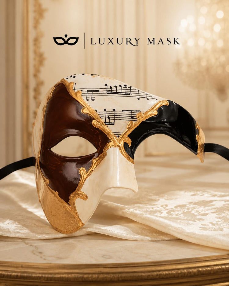 Brown Masquerade Mask for Men - Gold and Black Musical Venetian Sheet Music Design - Image 5
