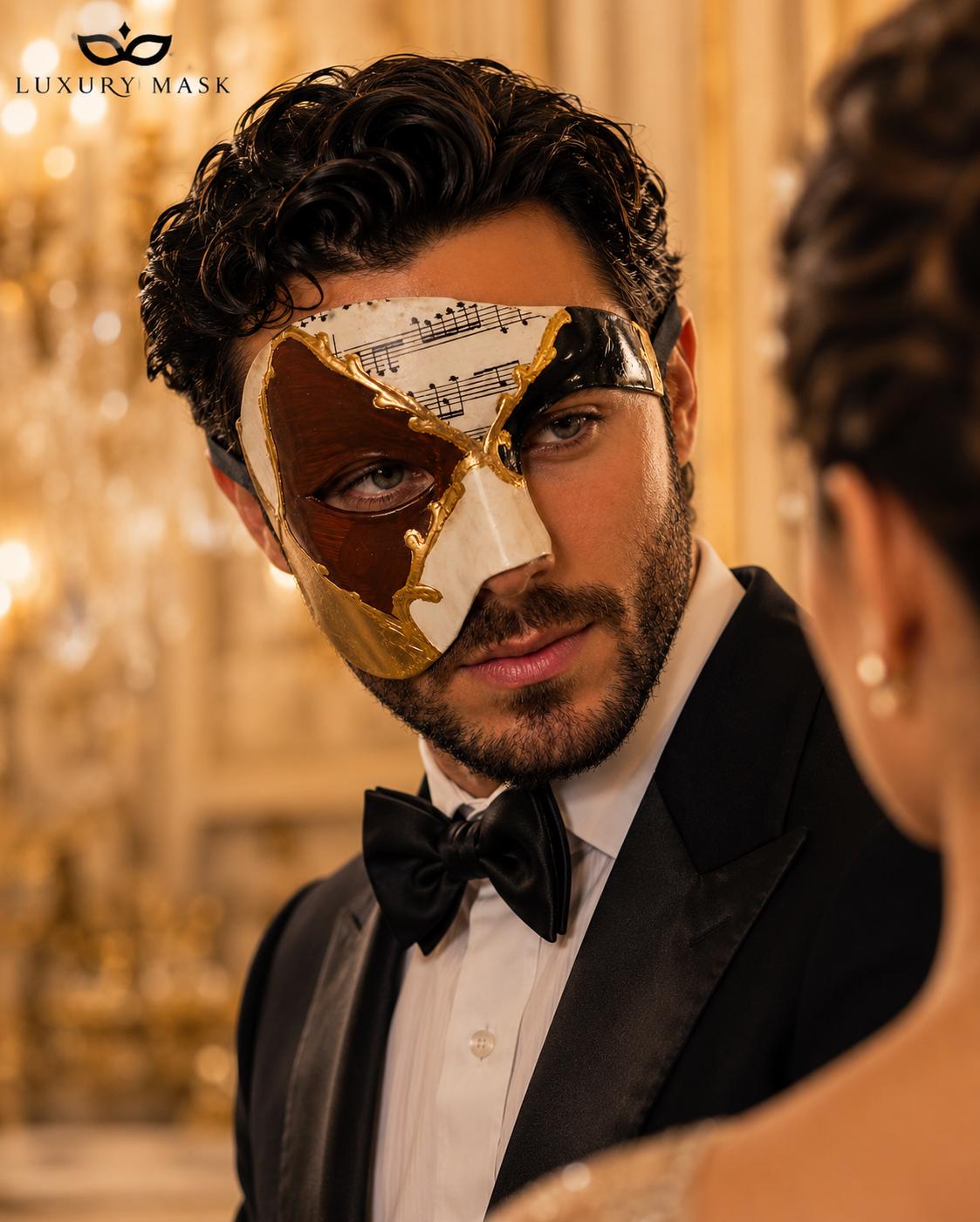 Brown Masquerade Mask for Men - Gold and Black Musical Venetian Sheet Music Design - Image 3
