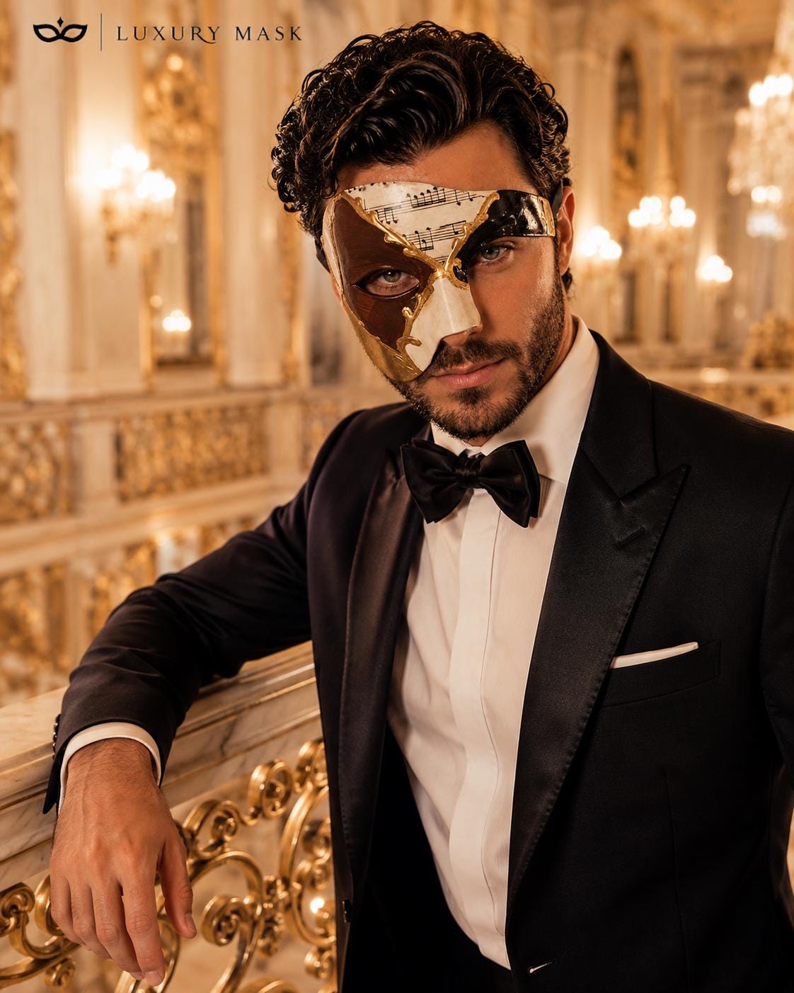 Brown Masquerade Mask for Men - Gold and Black Musical Venetian Sheet Music Design - Image 4