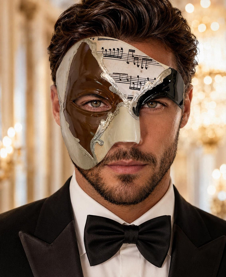 Silver Masquerade Mask for Men - Mocha Brown Musical Venetian Sheet Music Design