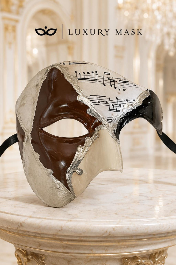 Silver Masquerade Mask for Men - Mocha Brown Musical Venetian Sheet Music Design - Image 5
